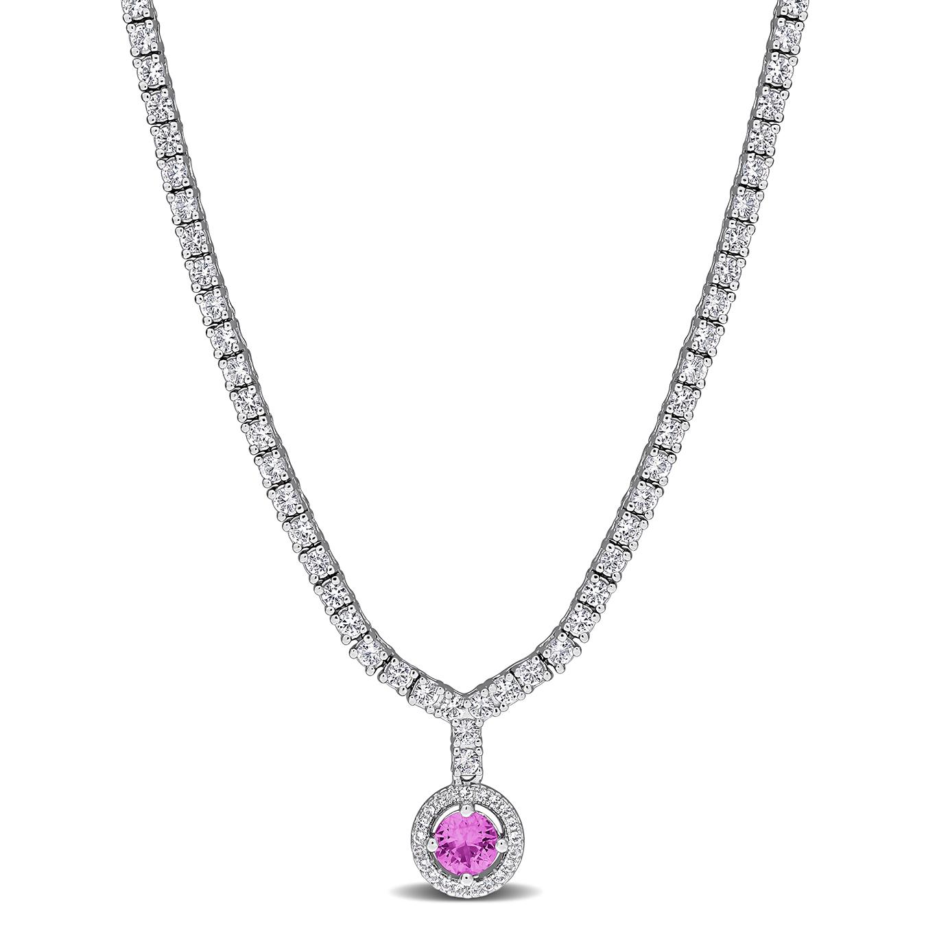 Julianna B Sterling Silver Created Pink & Created White Sapphire Necklace 16"+2"