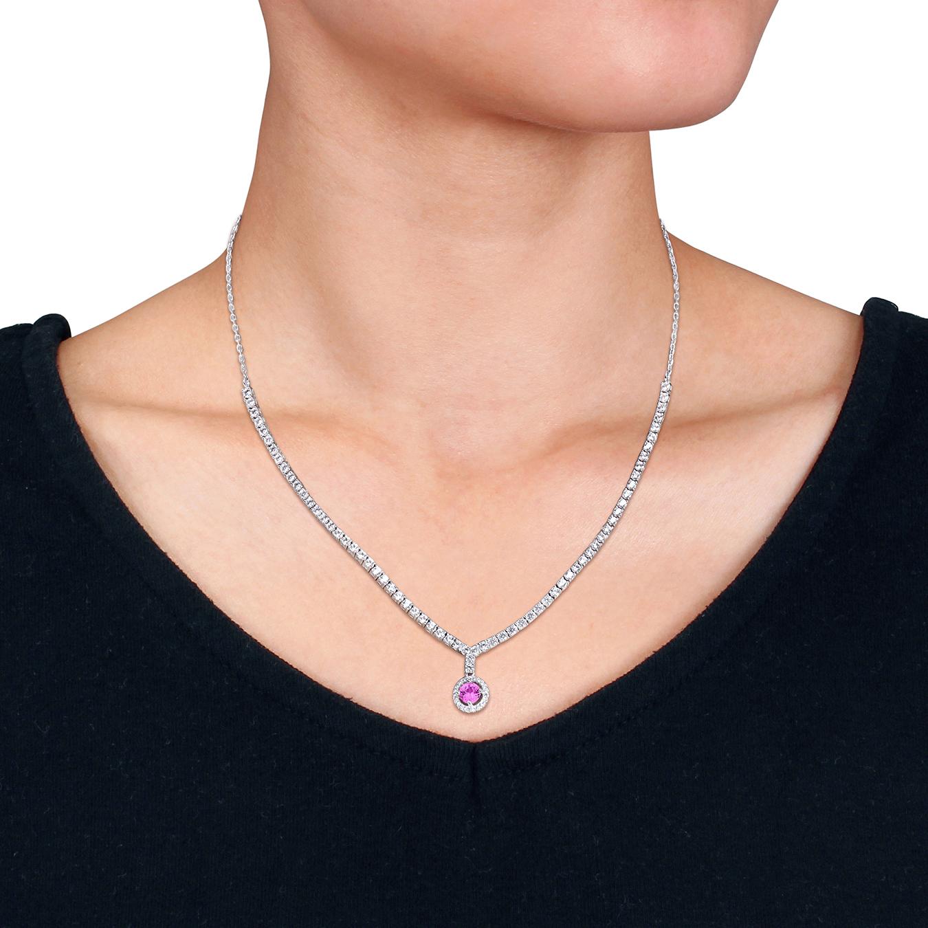Julianna B Sterling Silver Created Pink & Created White Sapphire Necklace 16"+2"