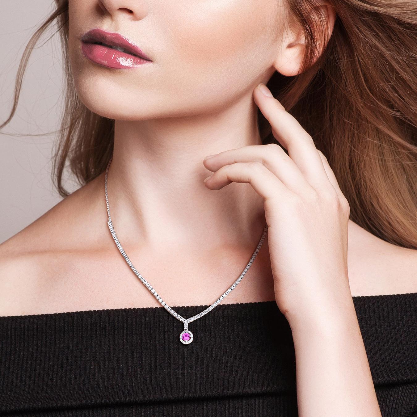 Julianna B Sterling Silver Created Pink & Created White Sapphire Necklace 16"+2"
