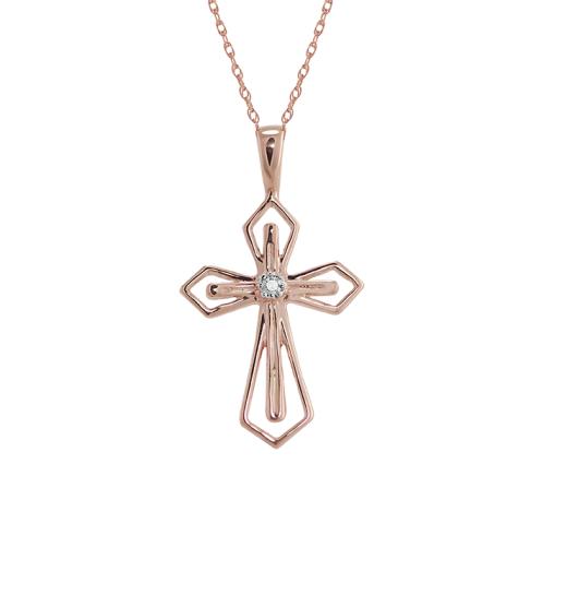 10K Rose Gold Cross Pendant Charm Diamond Centres