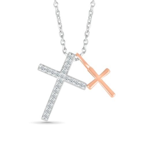 Sterling Silver & Rose Gold Diamond Crosses Necklace