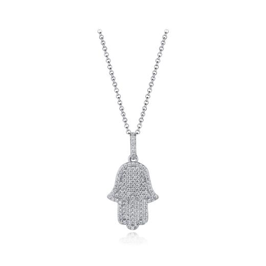 Sterling Silver Cubic Zirconia Hamsa 19" Pendant