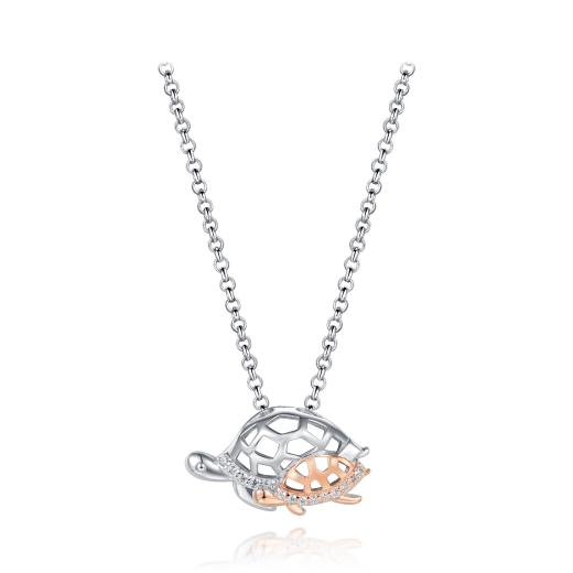 Sterling Silver Rose Plated Cubic Zirconia Turtle 19" Pendant
