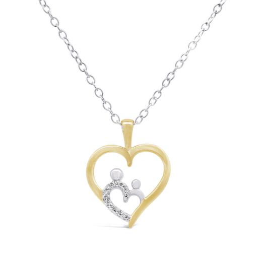 Sterling Silver Yellow Gold Plated Diamond Heart Mom and Child Pendant