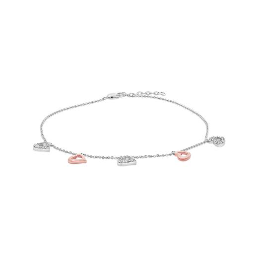 Sterling Silver and 10K Rose Gold Diamond Heart Ankle Bracelet