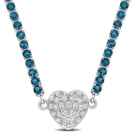 Julianna B Sterling Silver Blue Topaz and Created Sapphire Heart 17" Necklace