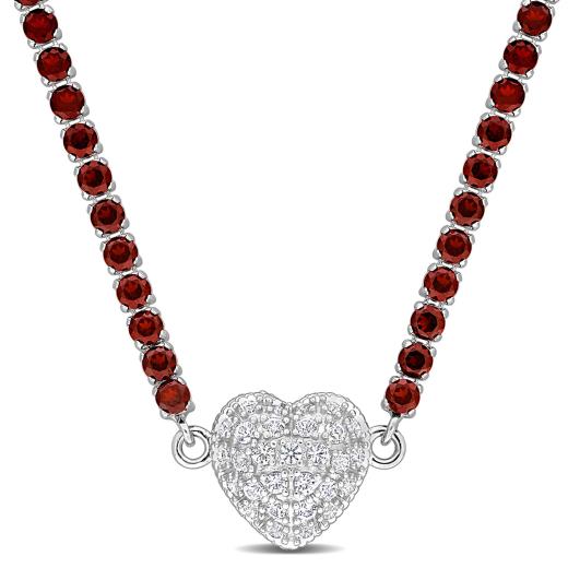 Julianna B Sterling Silver Garnet and Created White Sapphire Heart 17" Necklace