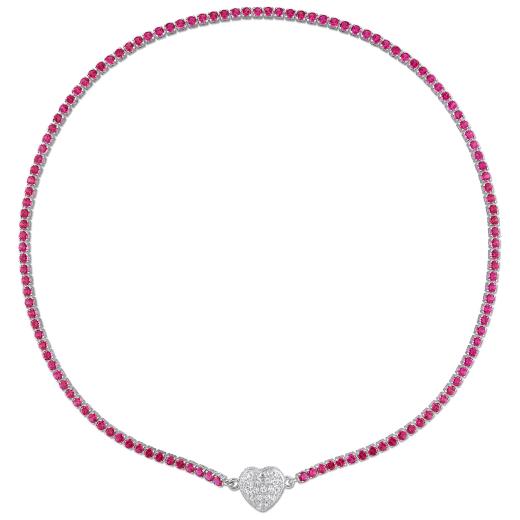 Julianna B Sterling Silver Created Ruby Created Sapphire Heart 17" Necklace