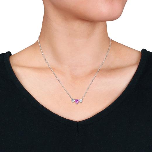 Julianna B Sterling Silver Created Pink Created White Sapphire Heart Necklace