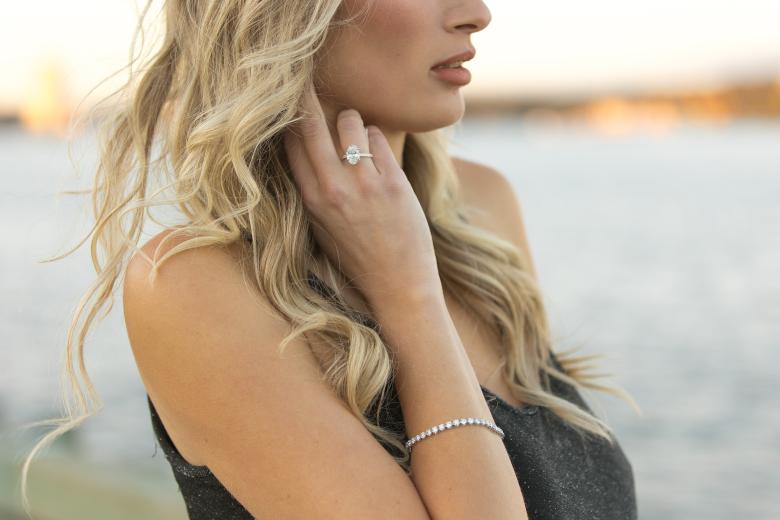 Close up of a woman wearing Bella Moda jewellery